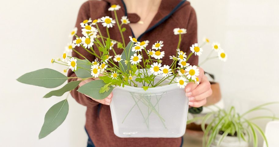 woman holding clear reusable silicone stasher bag with flowers inside