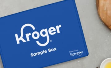 blue kroger sample box laying on countertop