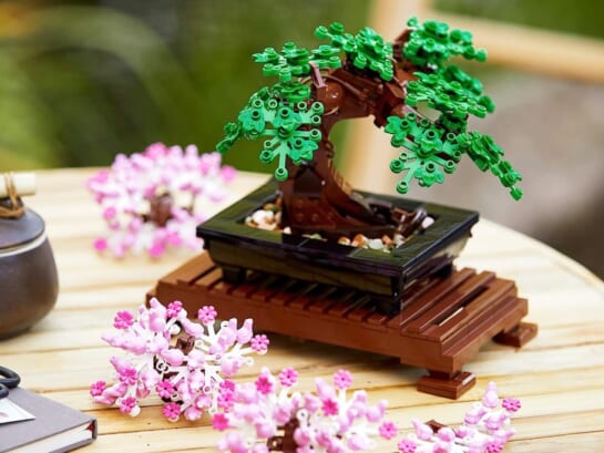 LEGO Bonsai Tree Set on table with green leaves and pink blossoms