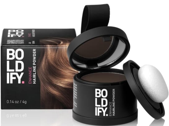 container and box for Boldify hairline powder with container open and applicator on the side