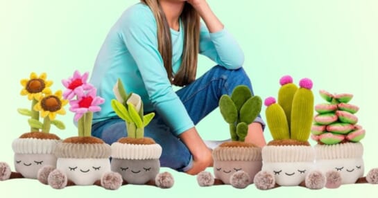 a girl sitting behind a row of 6 plush plants