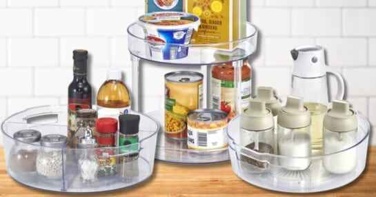 3 plastic turntable organizers with food items on a counter