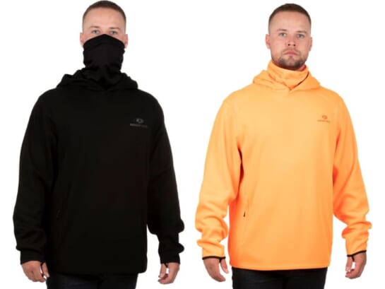Two men wearing a black and orange Mossy Oak Arrowood Pullover Hoodie