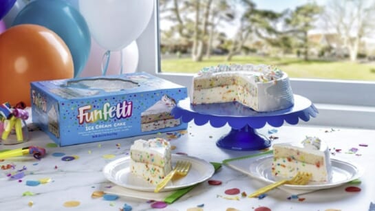 New Funfetti Ice Cream cake displayed on a table next to the packaging
