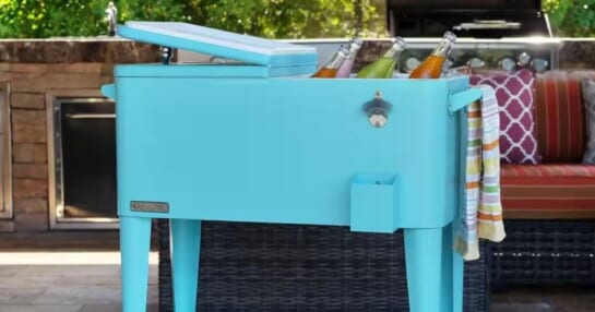 Permasteel 80-Quart Ice Chest Cooler in Turquoise on a patio