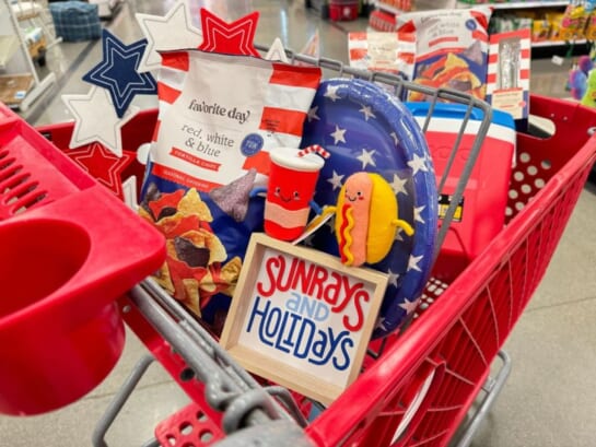 A target cart filled with 4th of July decor and toys